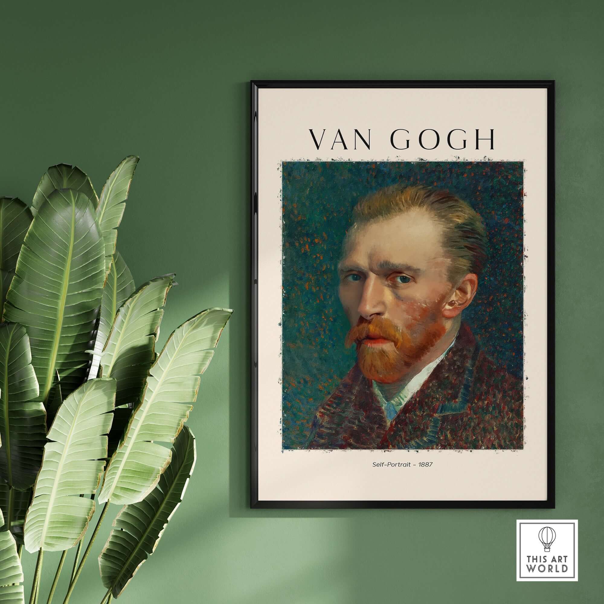 Vincent van Gogh Self Portrait 1887 Post Impressionist Artist Poster Print Wall Art displayed on wall with green background.