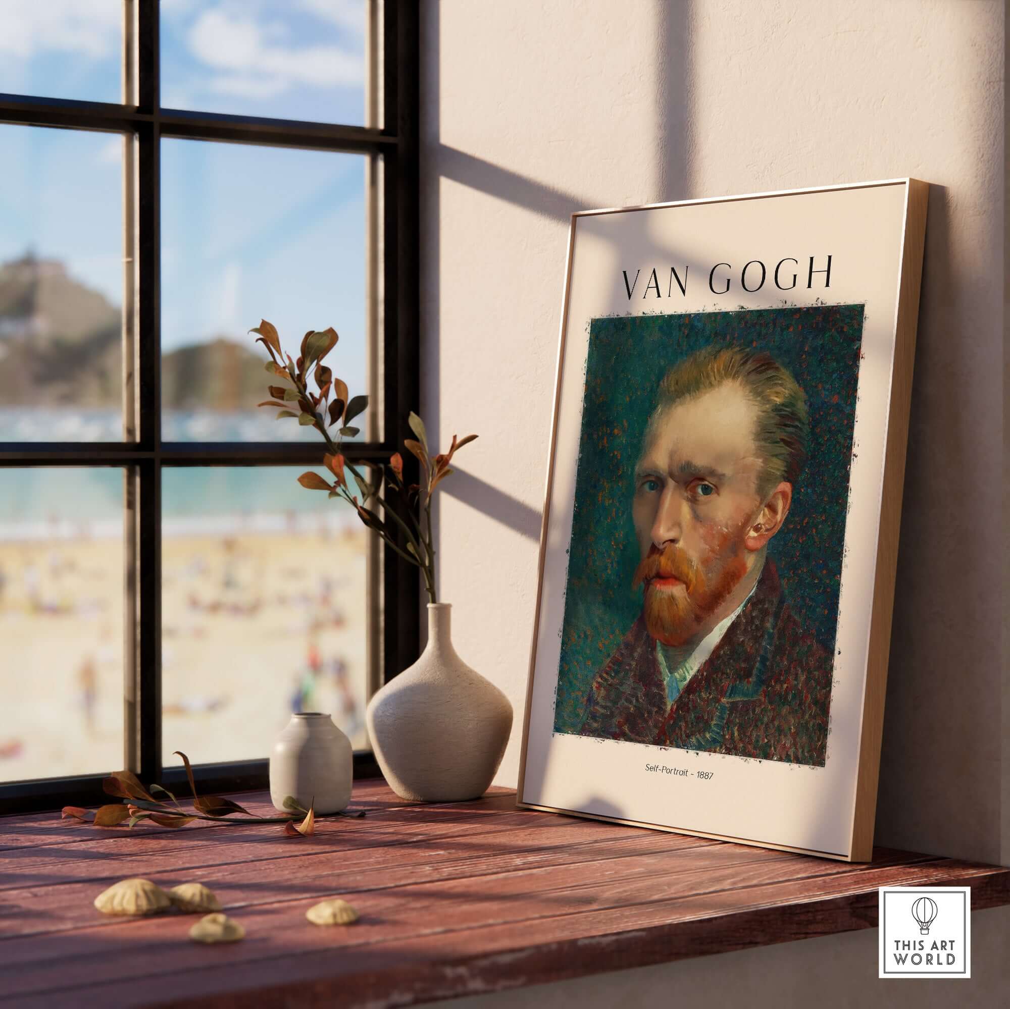 Vincent van Gogh Self Portrait 1887 Post Impressionist Artist Poster Print Wall Art on a table by a window.