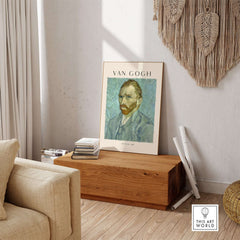 Vincent van Gogh Self Portrait 1889 Blue Post Impressionist Art Print Poster Wall Art displayed in a stylish room setting.