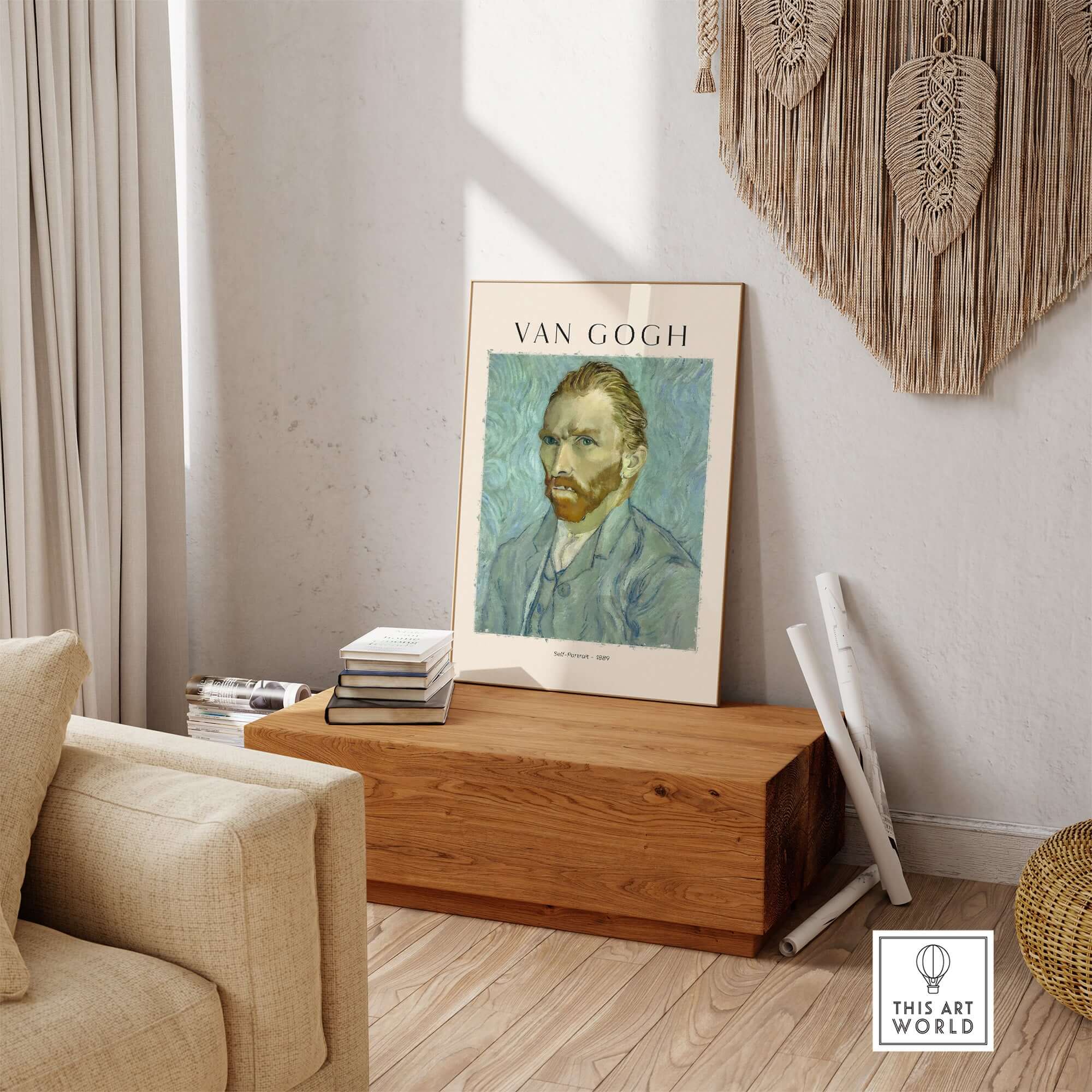 Vincent van Gogh Self Portrait 1889 Blue Post Impressionist Art Print Poster Wall Art displayed in a stylish room setting.