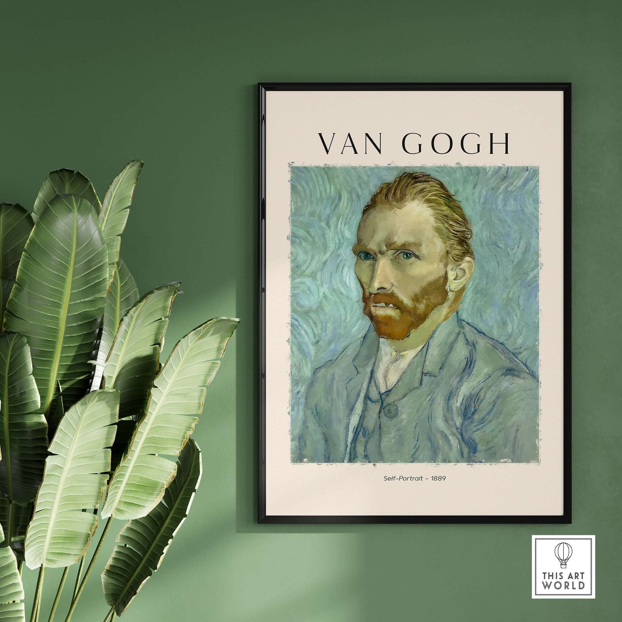 Vincent van Gogh Self Portrait 1889 Blue Post Impressionist Art Print Poster Wall Art framed on green wall.