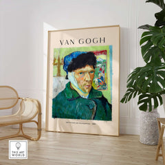Vincent van Gogh Self Portrait Bandaged Ear 1889 Famous Art Print Poster Wall Decor in a stylish interior setting.