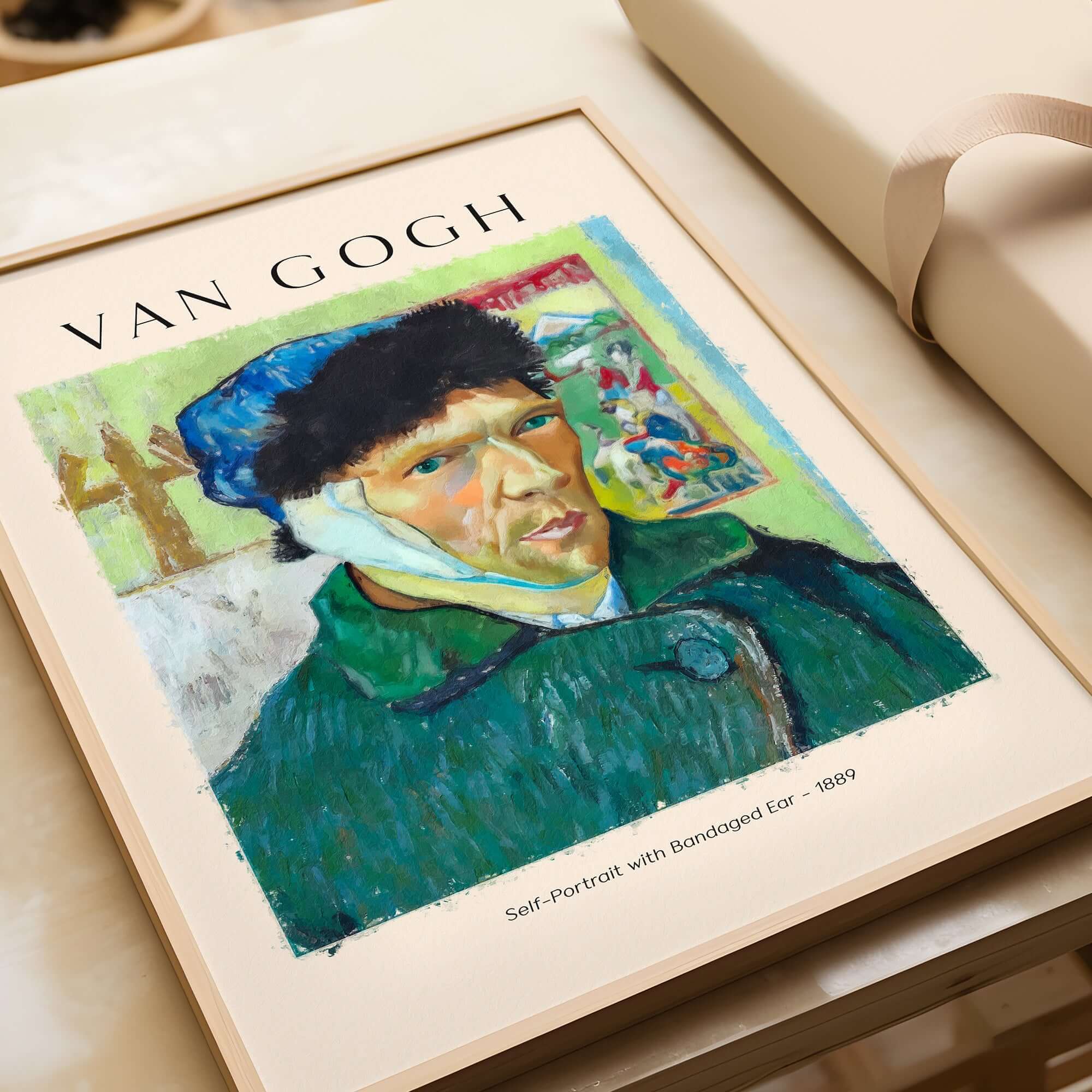 Vincent van Gogh Self Portrait Bandaged Ear 1889 Famous Art Print Poster Wall Decor displayed in a modern frame.