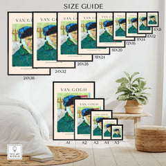 Vincent van Gogh Self Portrait Bandaged Ear 1889 Famous Art Print Poster Wall Decor size guide with various frame sizes