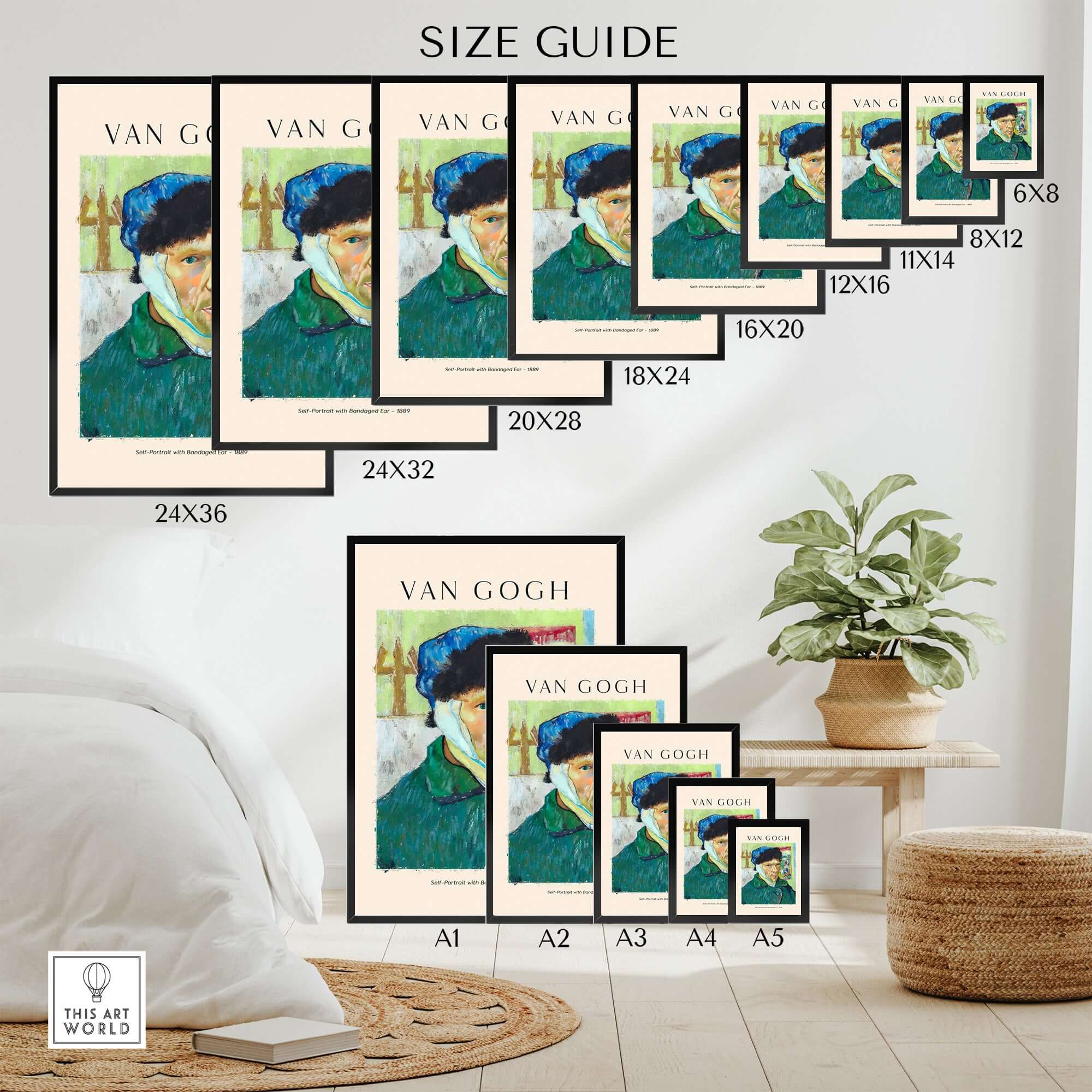 Vincent van Gogh Self Portrait Bandaged Ear 1889 Famous Art Print Poster Wall Decor size guide with various frame sizes