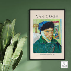 Vincent van Gogh Self Portrait Bandaged Ear 1889 Famous Art Print Poster Wall Decor on a green wall.