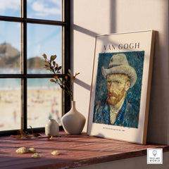 Vincent van Gogh Self Portrait Grey Felt Hat 1887 Art Print Post Impressionist Poster displayed near a window.
