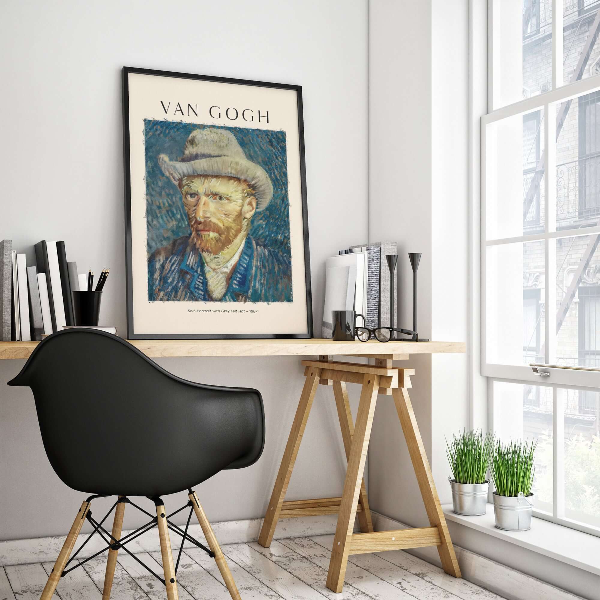 Vincent van Gogh Self Portrait Grey Felt Hat 1887 Art Print Post Impressionist Poster displayed in a modern office setting.
