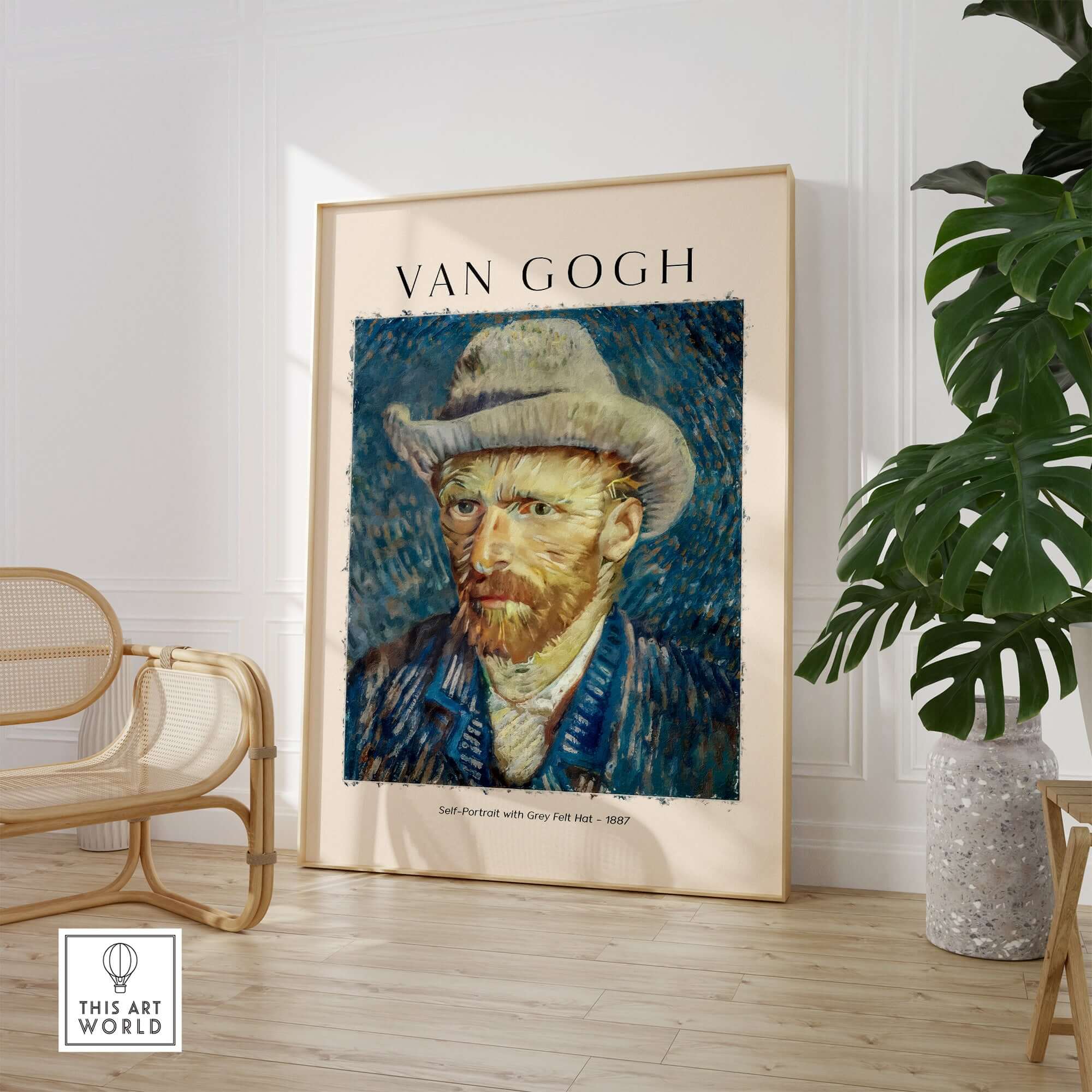 Vincent van Gogh Self Portrait Grey Felt Hat 1887 Art Print Post Impressionist Poster displayed on a modern wall.