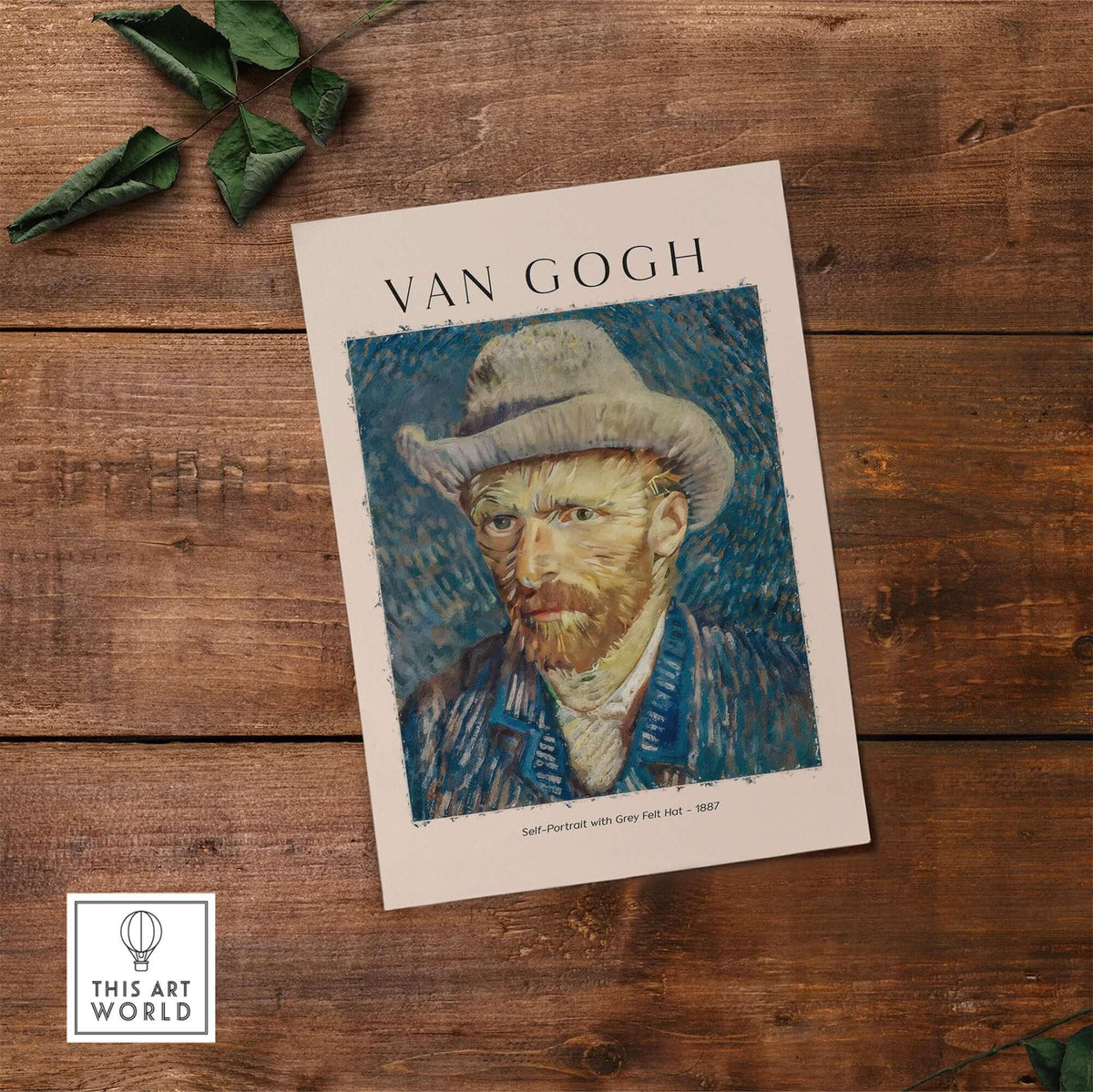 Vincent van Gogh Self Portrait Grey Felt Hat 1887 Art Print Post Impressionist Poster displayed on a wooden background.