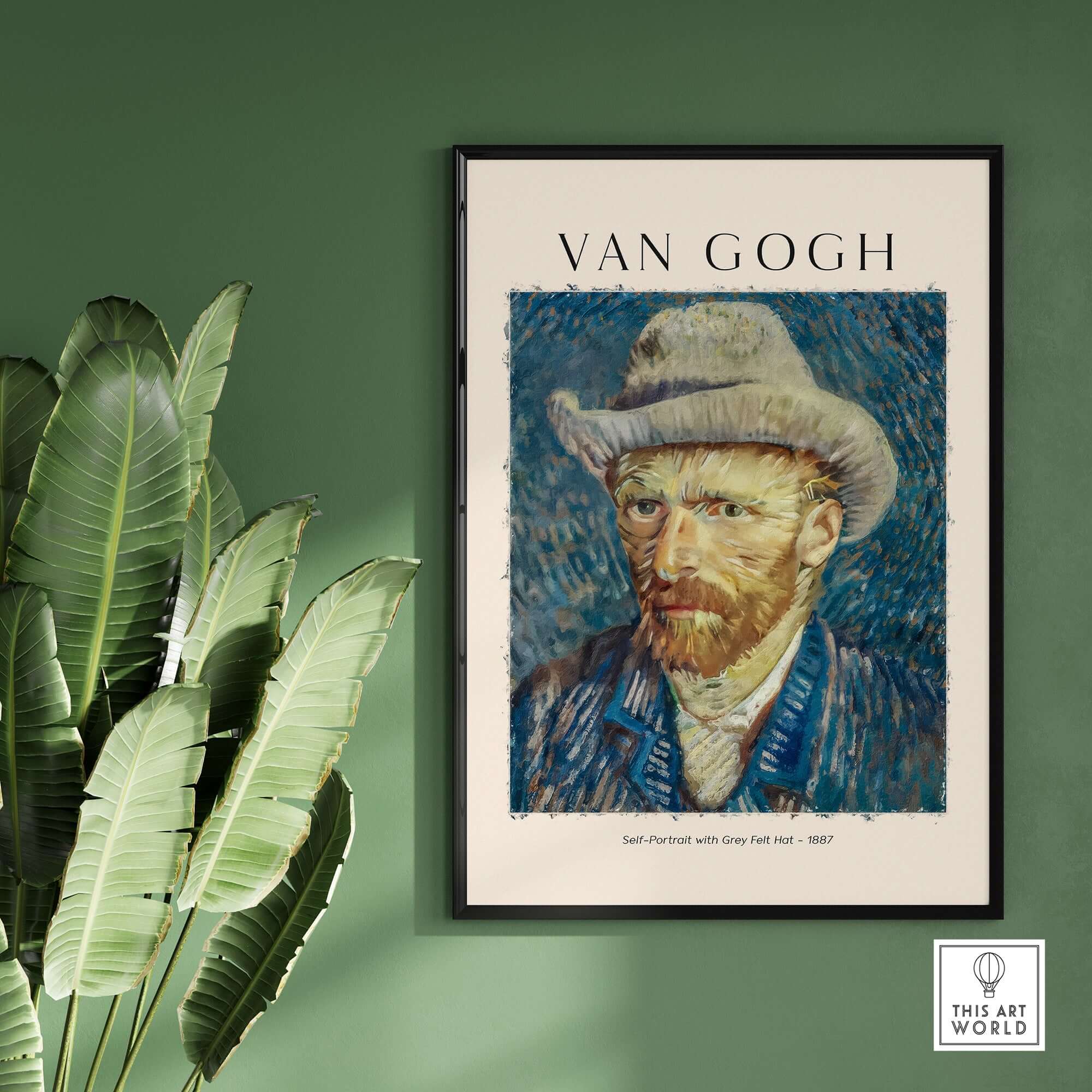 Vincent van Gogh Self Portrait Grey Felt Hat 1887 Art Print Post Impressionist Poster displayed on a wall with plants.
