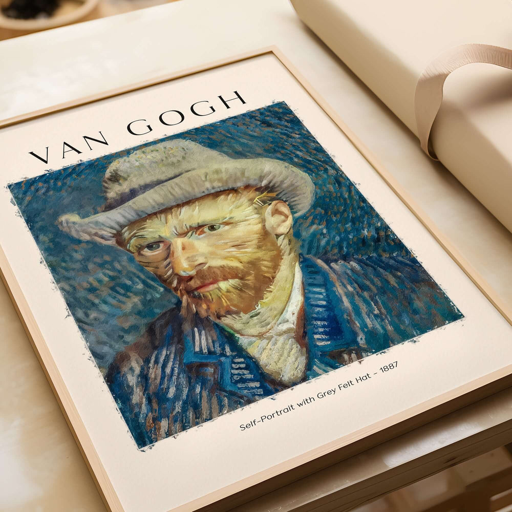 Vincent van Gogh Self Portrait Grey Felt Hat 1887 Art Print Post Impressionist Poster displayed in a stylish frame.