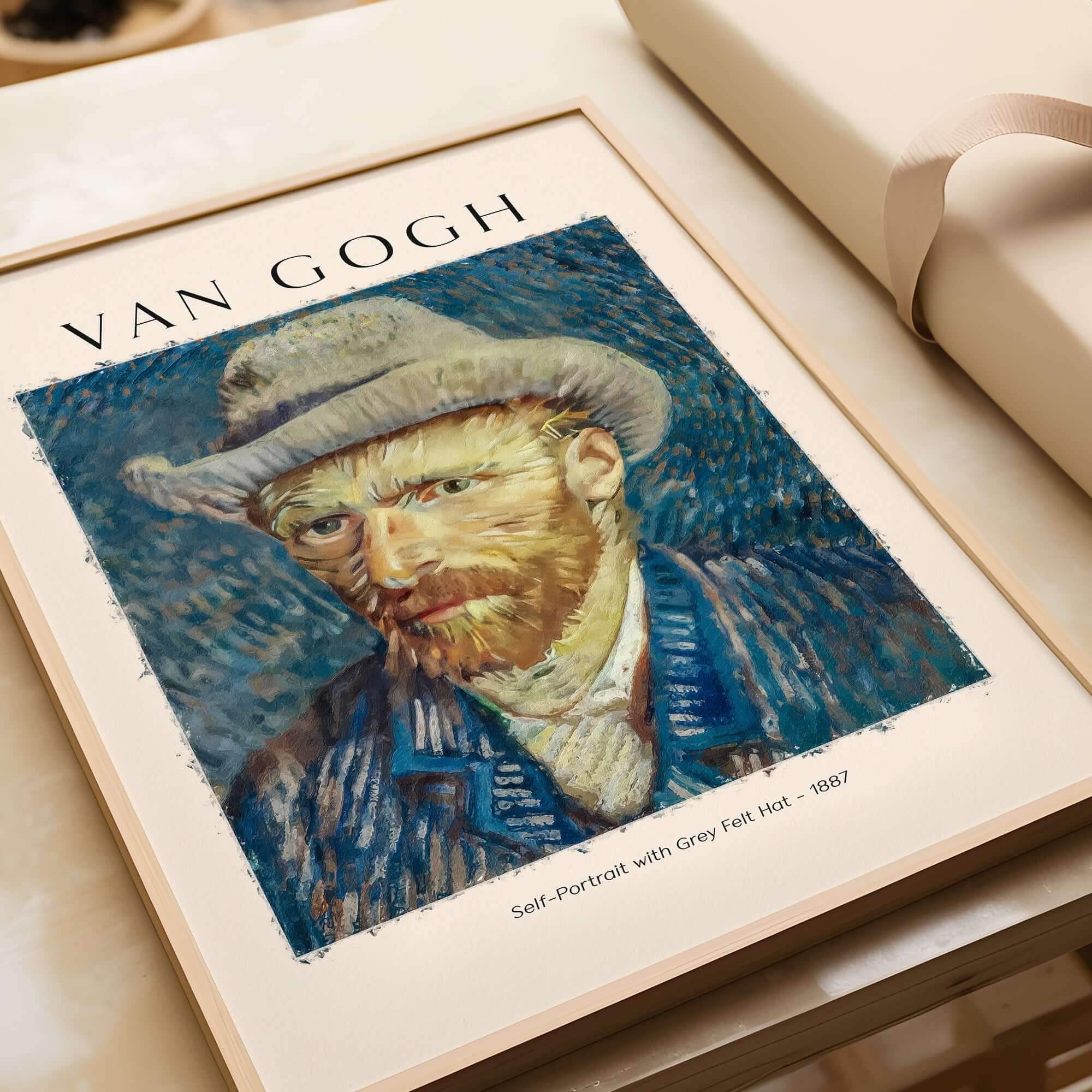 Vincent van Gogh Self Portrait Grey Felt Hat 1887 Art Print Post Impressionist Poster displayed in a stylish frame.