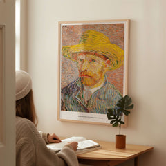 Vincent van Gogh Self Portrait Straw Hat Post-Impressionist Art Print Poster displayed on a wall with a viewer.