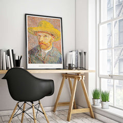 Vincent van Gogh Self Portrait Straw Hat Post-Impressionist Art Print Poster framed on wall above a modern workspace.