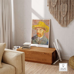 Vincent van Gogh Self Portrait Straw Hat Post-Impressionist Art Print Poster displayed in a stylish interior setting.