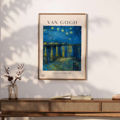 Vincent van Gogh Starry Night Over the Rhône 1888 Post Impressionist Landscape Poster Print framed on a wall.