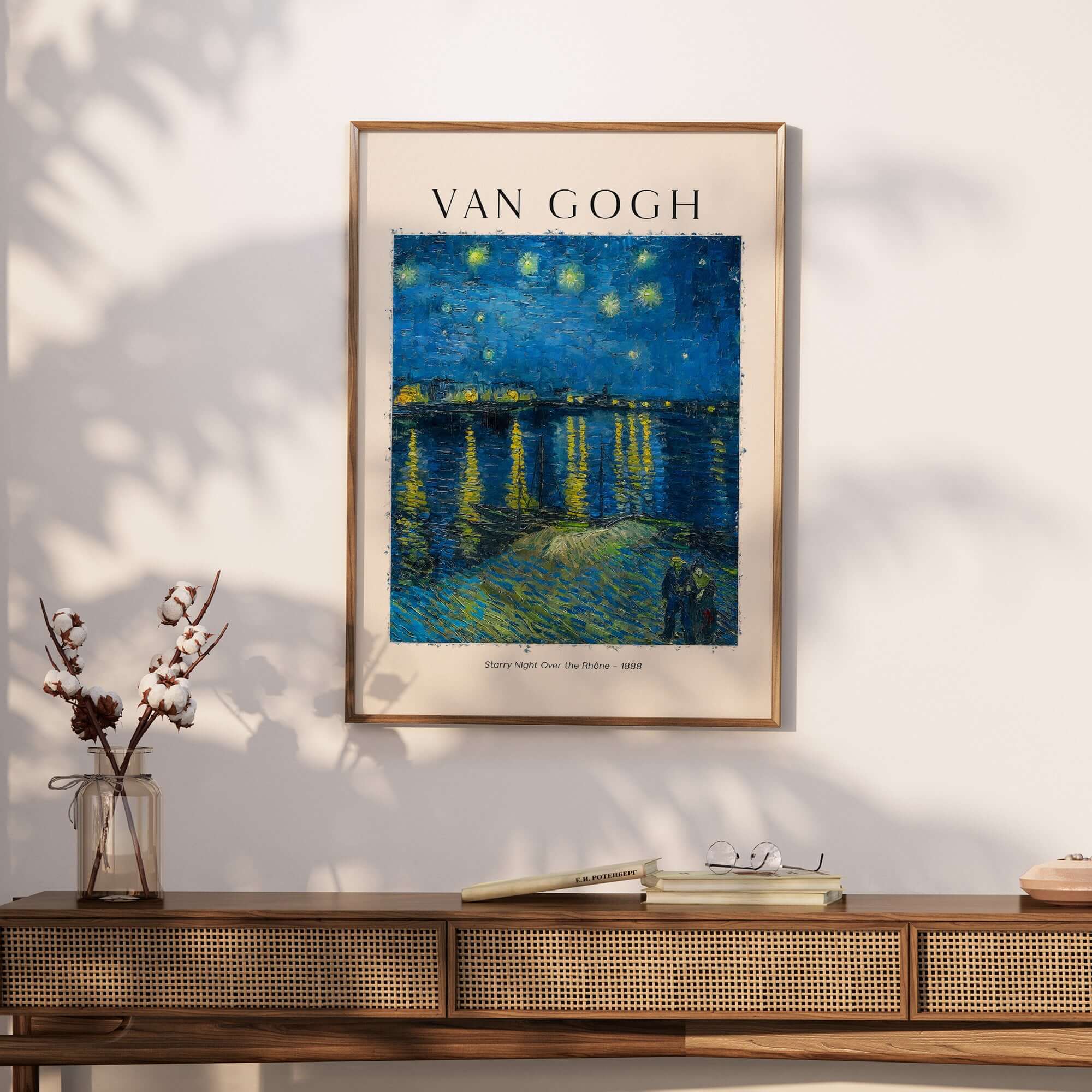 Vincent van Gogh Starry Night Over the Rhône 1888 Post Impressionist Landscape Poster Print framed on a wall.