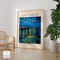 Vincent van Gogh Starry Night Over the Rhône 1888 Post Impressionist Landscape Poster Print displayed in a stylish interior.