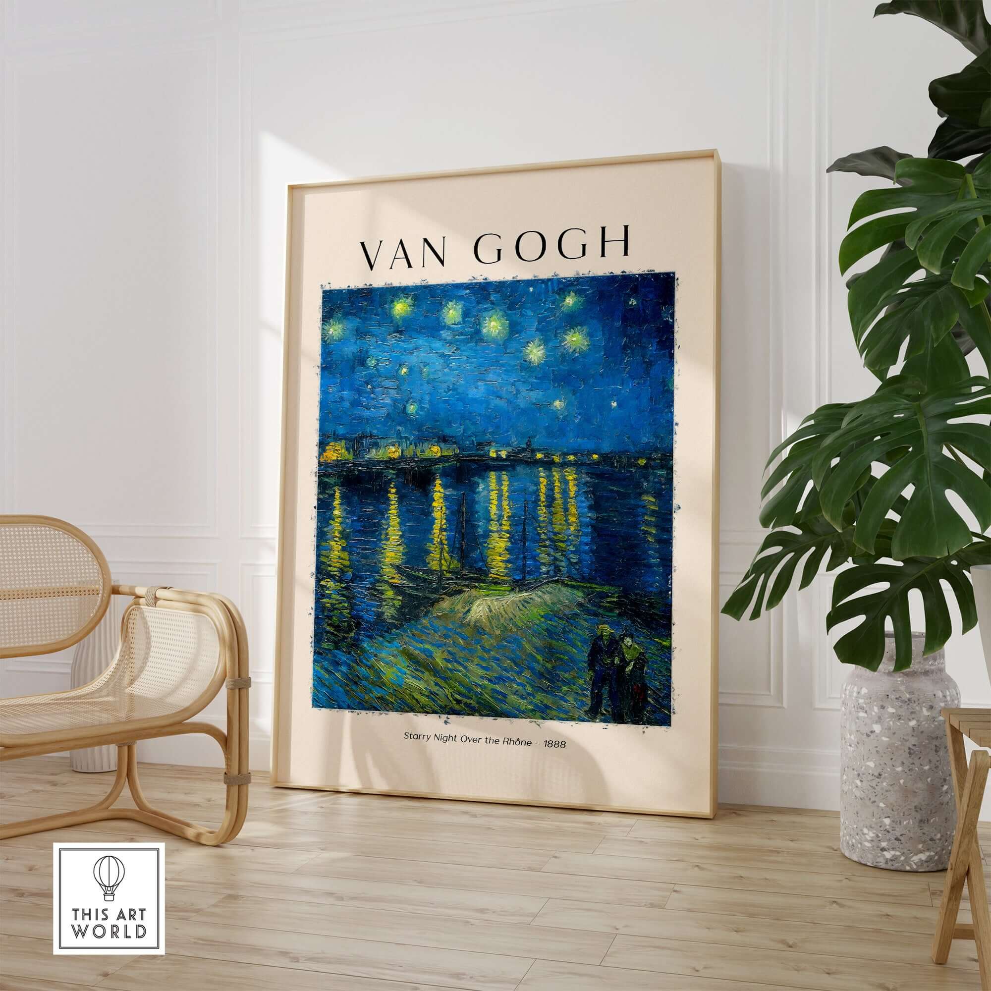 Vincent van Gogh Starry Night Over the Rhône 1888 Post Impressionist Landscape Poster Print displayed in a stylish interior.