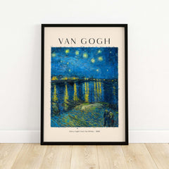 Vincent van Gogh Starry Night Over the Rhône 1888 Post Impressionist Landscape Poster Print displayed in a black frame.