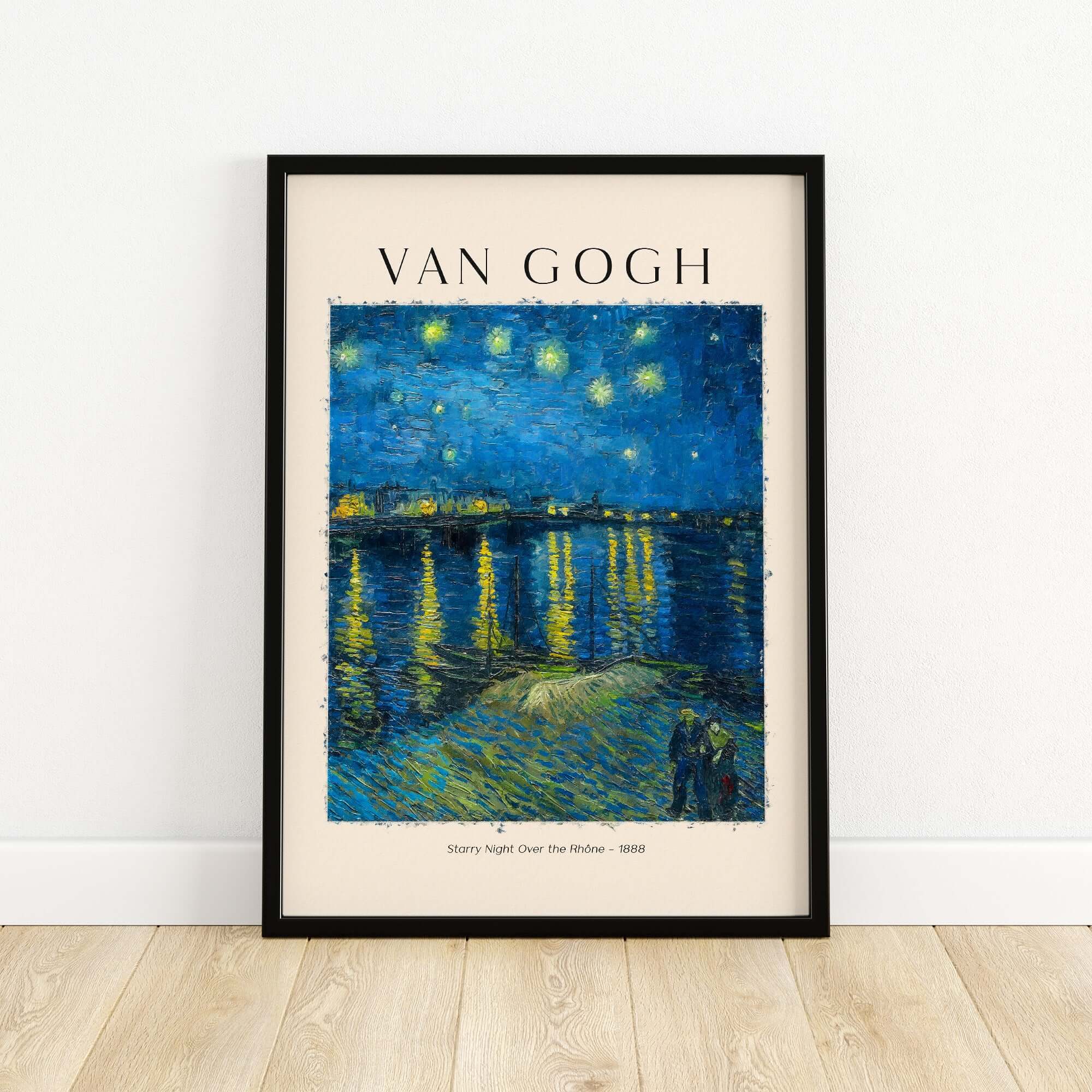 Vincent van Gogh Starry Night Over the Rhône 1888 Post Impressionist Landscape Poster Print displayed in a black frame.