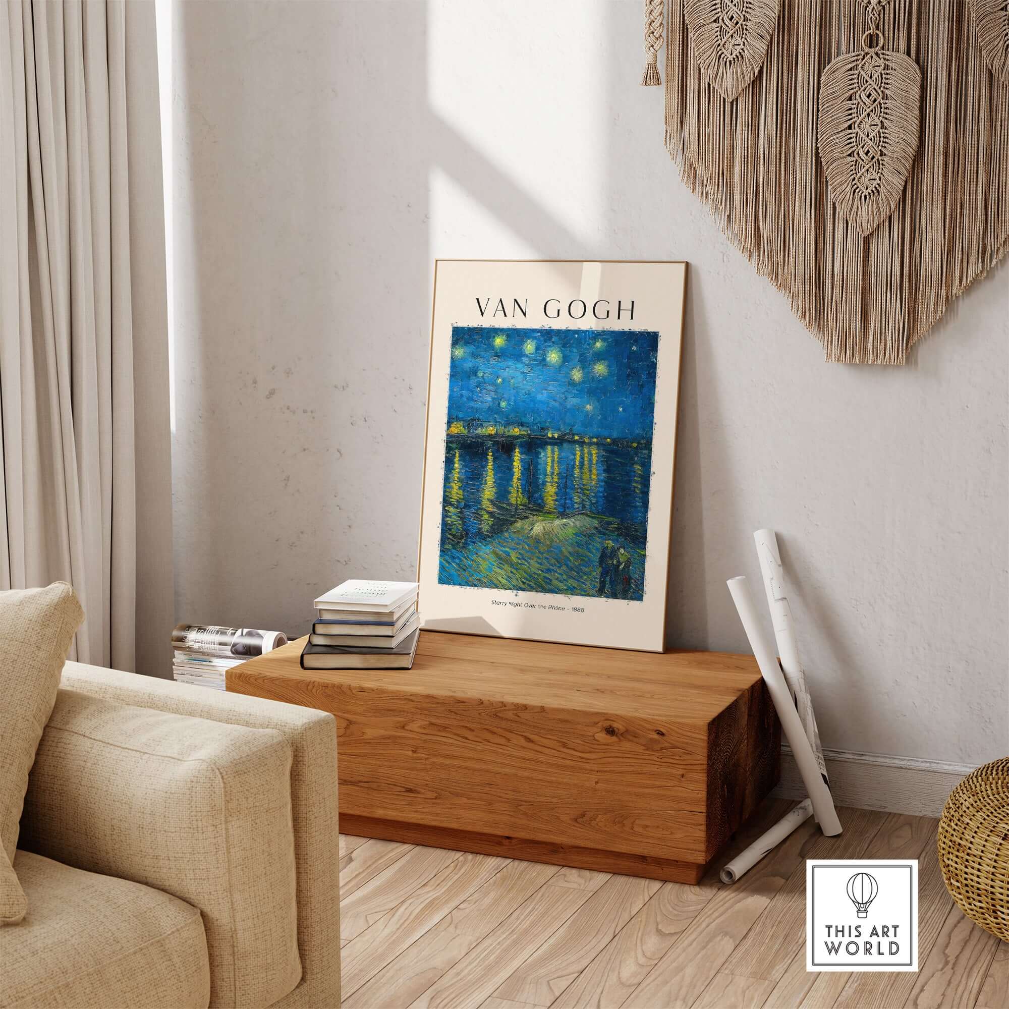 Vincent van Gogh Starry Night Over the Rhône 1888 Post Impressionist Landscape Poster Print displayed in a cozy living room.