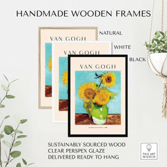 van Gogh Sunflowers Print - Sunflower Wall Art displayed in handmade wooden frames in natural, white, and black.