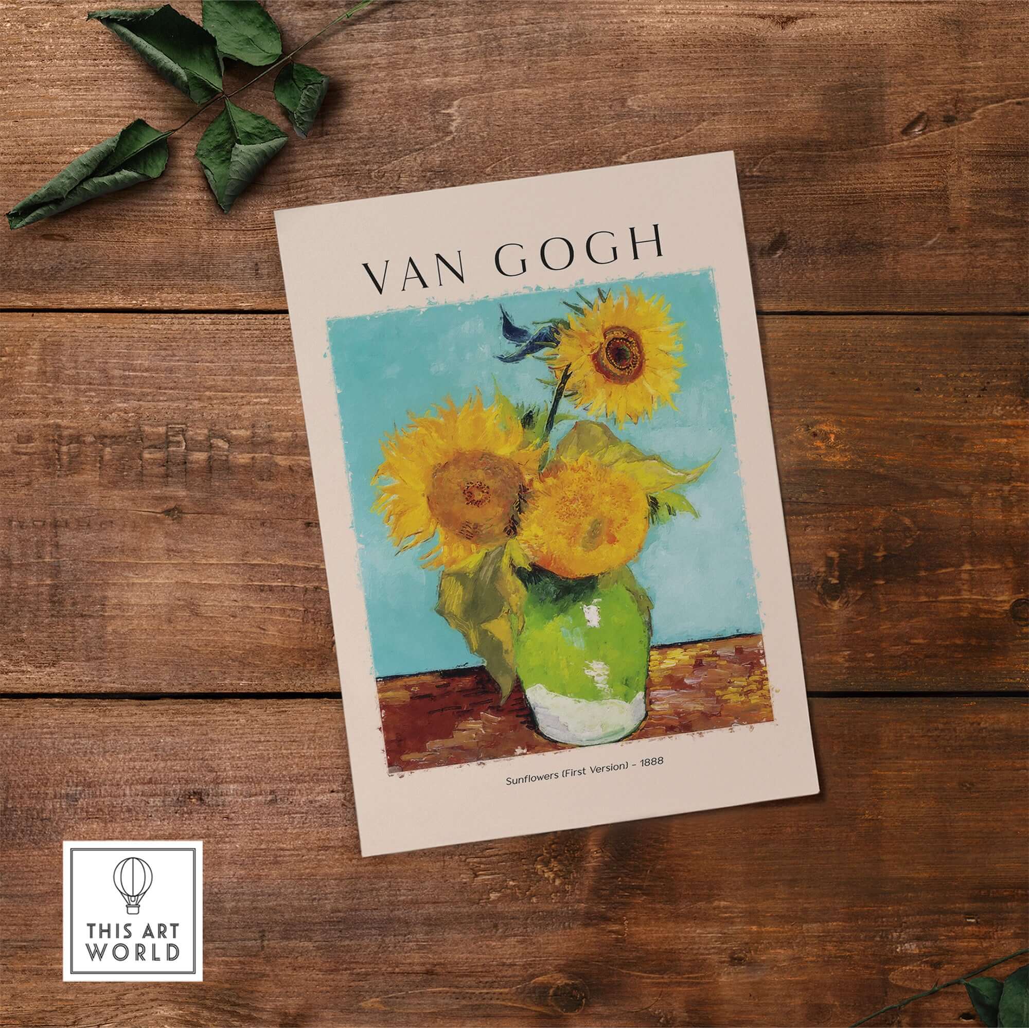 van Gogh Sunflowers Print - Sunflower Wall Art featuring vibrant sunflowers in a green vase, turquoise background.