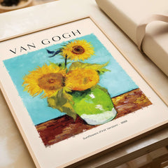 van Gogh Sunflowers Print - Sunflower Wall Art featuring vibrant yellow flowers in green vase from 1888.