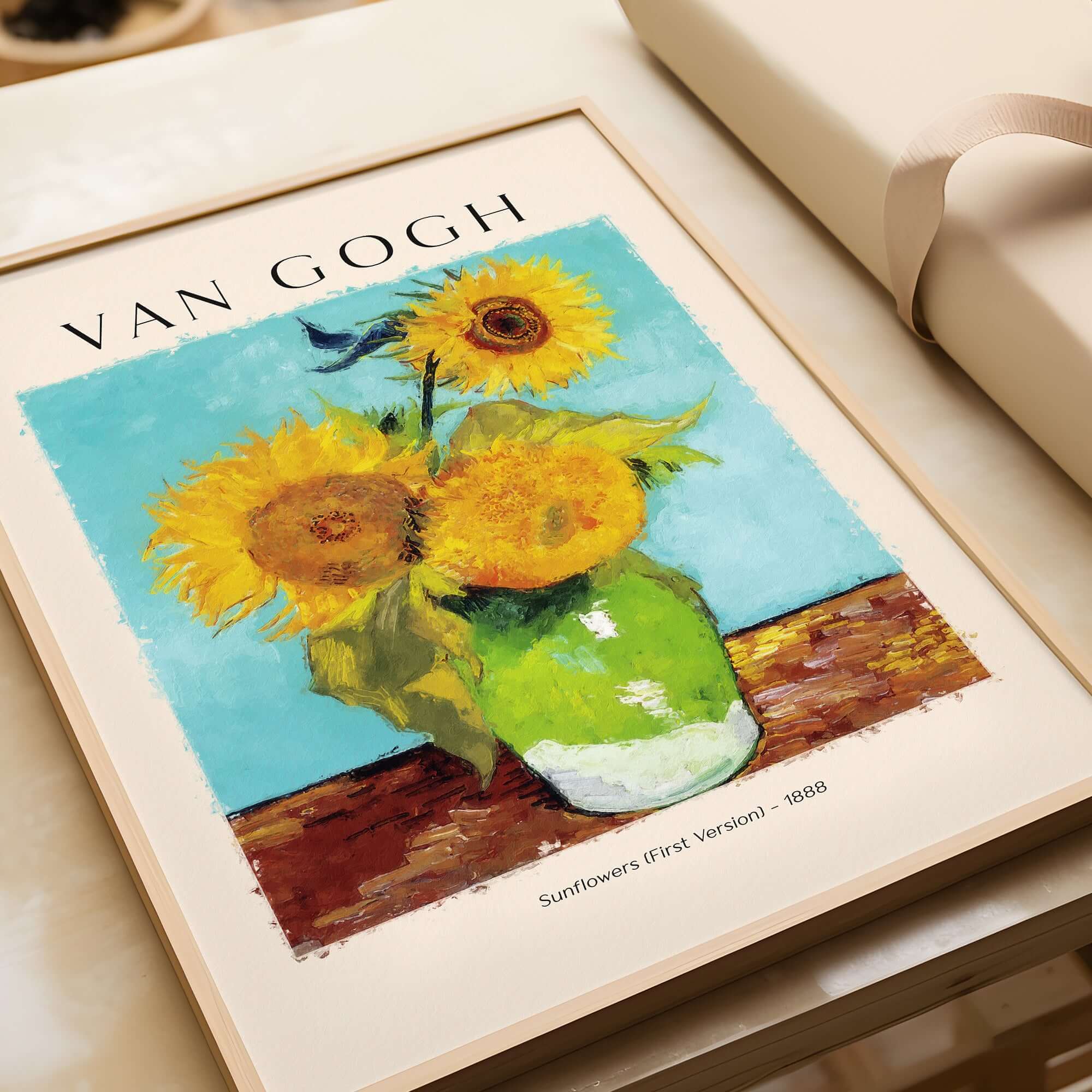 van Gogh Sunflowers Print - Sunflower Wall Art featuring vibrant yellow flowers in green vase from 1888.