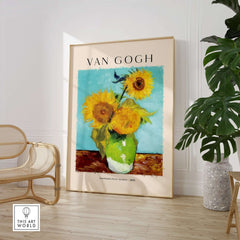 van Gogh Sunflowers Print - Sunflower Wall Art featuring vibrant yellow blooms in a green vase.