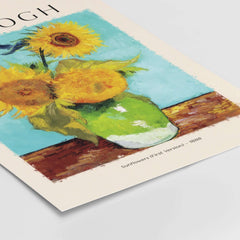 van Gogh Sunflowers Print - Sunflower Wall Art featuring vibrant sunflowers in a green vase on turquoise background.