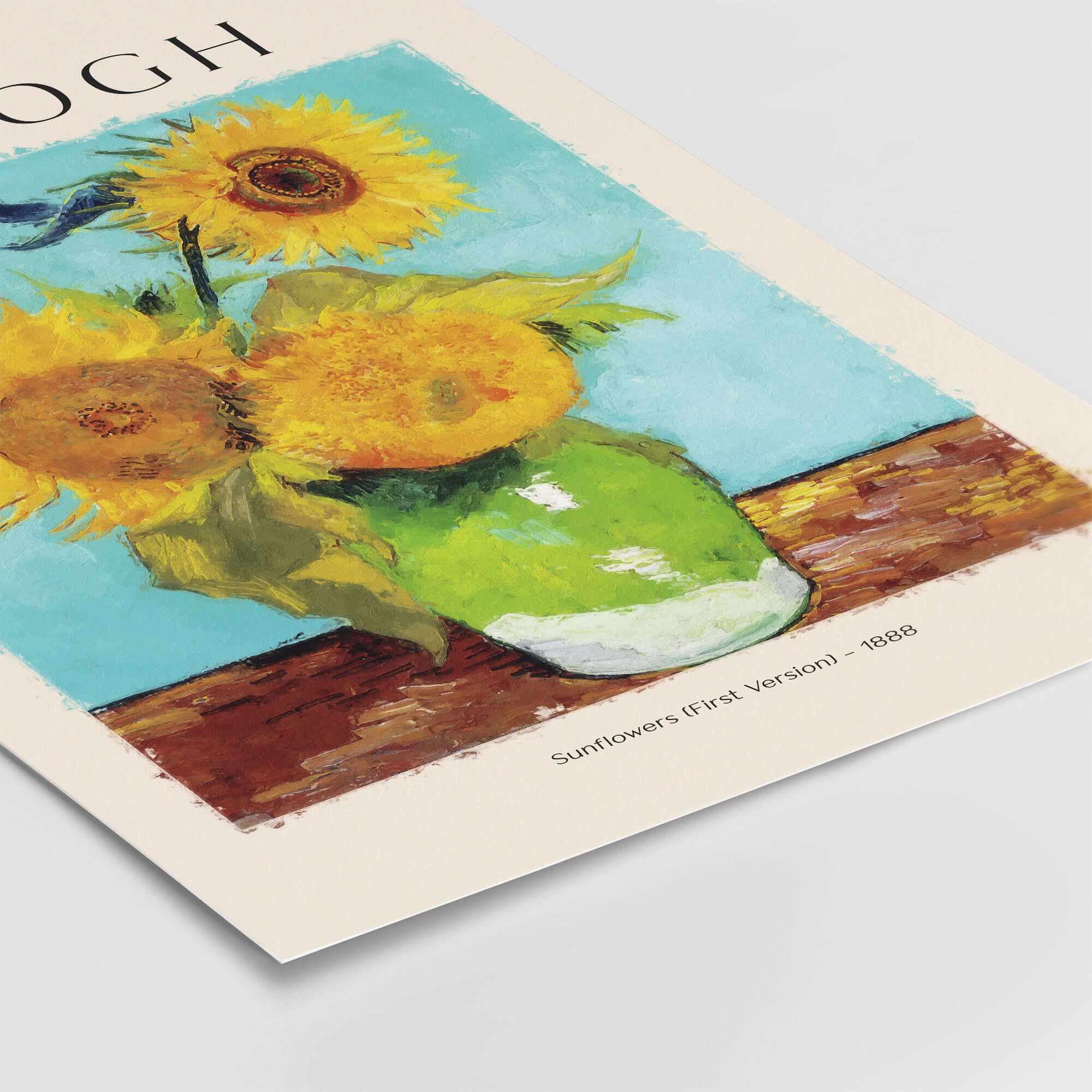 van Gogh Sunflowers Print - Sunflower Wall Art featuring vibrant sunflowers in a green vase on turquoise background.