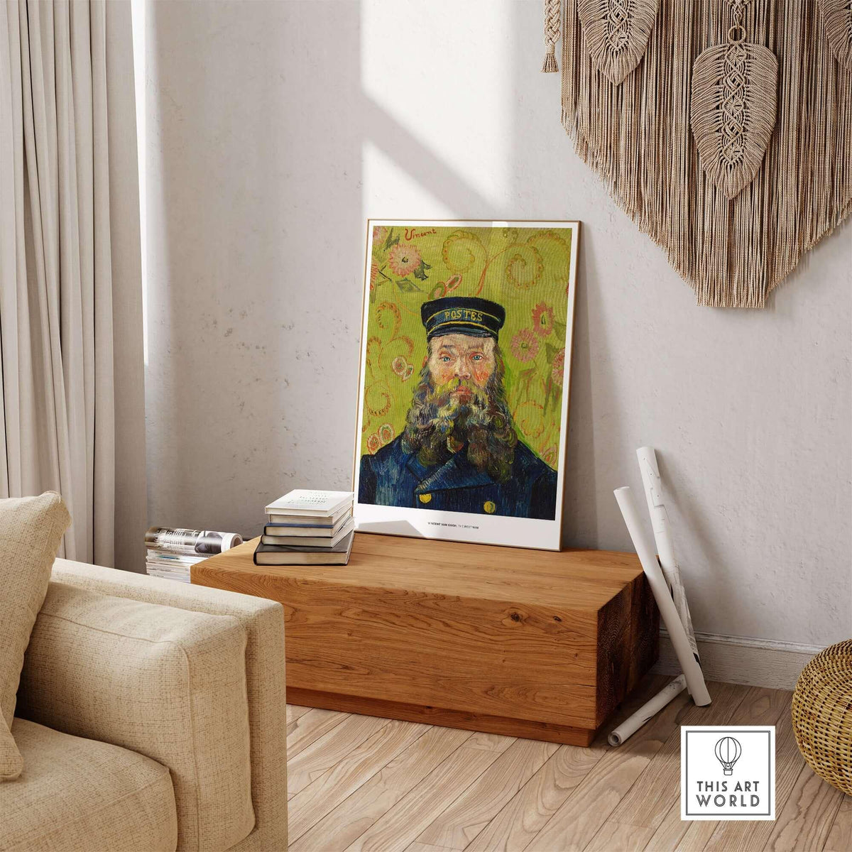 Exhibition Art Print Vincent van Gogh The Postman Famous Portrait Wall Art Poster displayed in a cozy home setting.