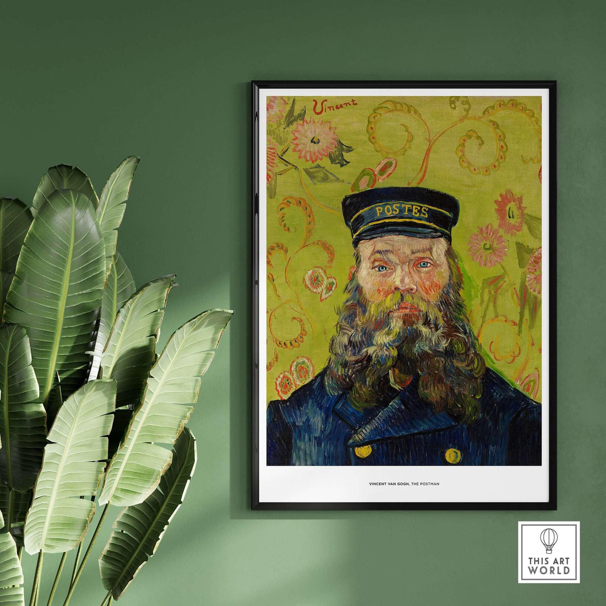 Exhibition Art Print Vincent van Gogh The Postman Famous Portrait Wall Art Poster displayed in a stylish room with green walls.