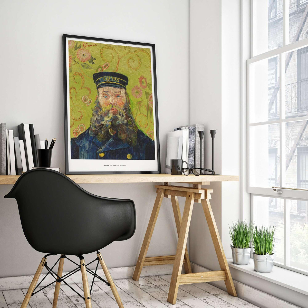 Exhibition Art Print Vincent van Gogh The Postman Famous Portrait Wall Art Poster displayed in a modern home office setting.