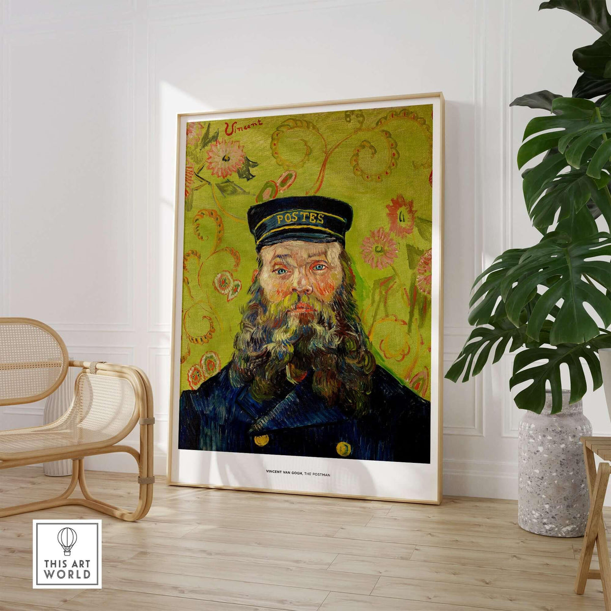 Exhibition Art Print Vincent van Gogh The Postman Famous Portrait Wall Art Poster on display in a stylish interior.