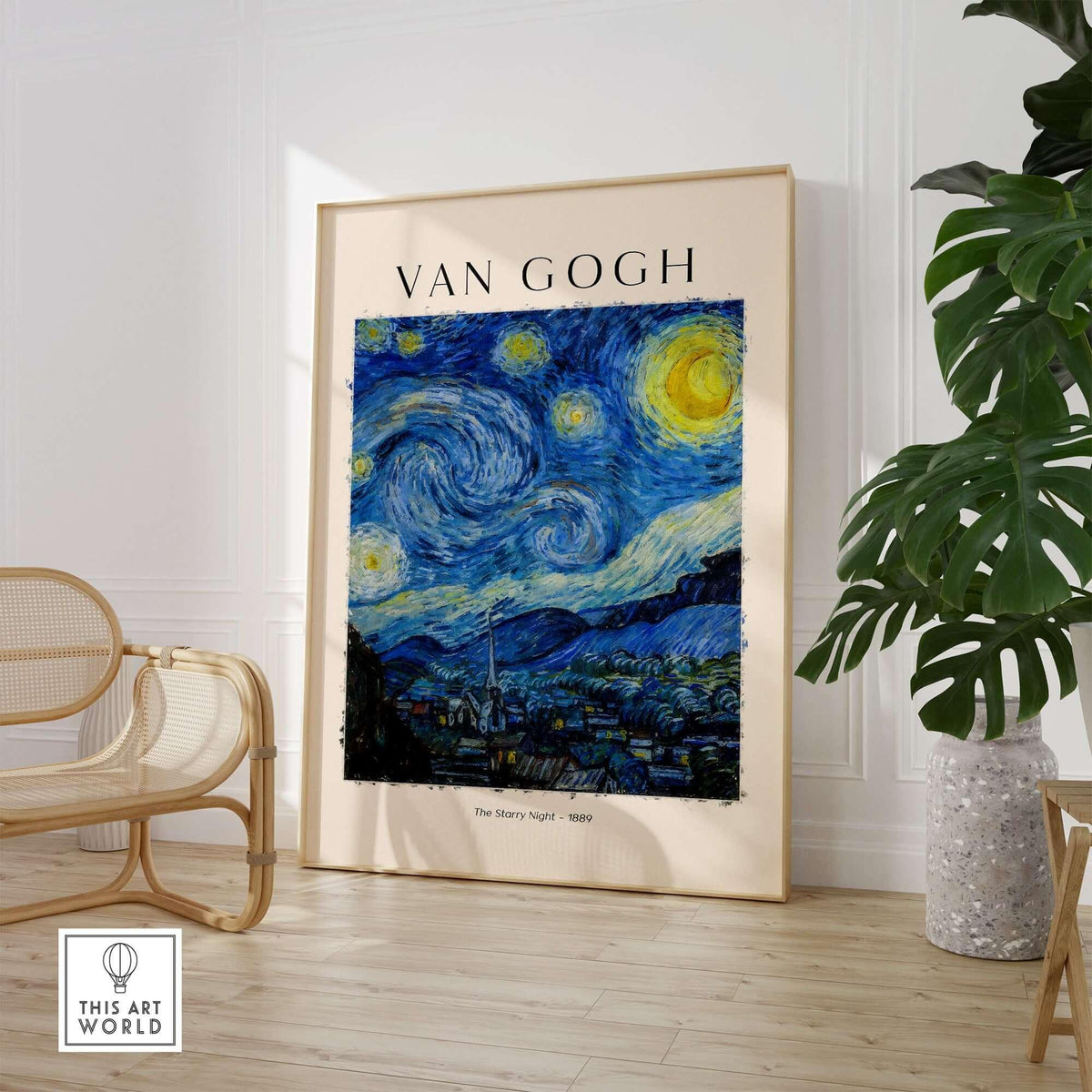 Starry Night Print:  Vincent van Gogh Poster displayed in a modern interior with a plant and chair.