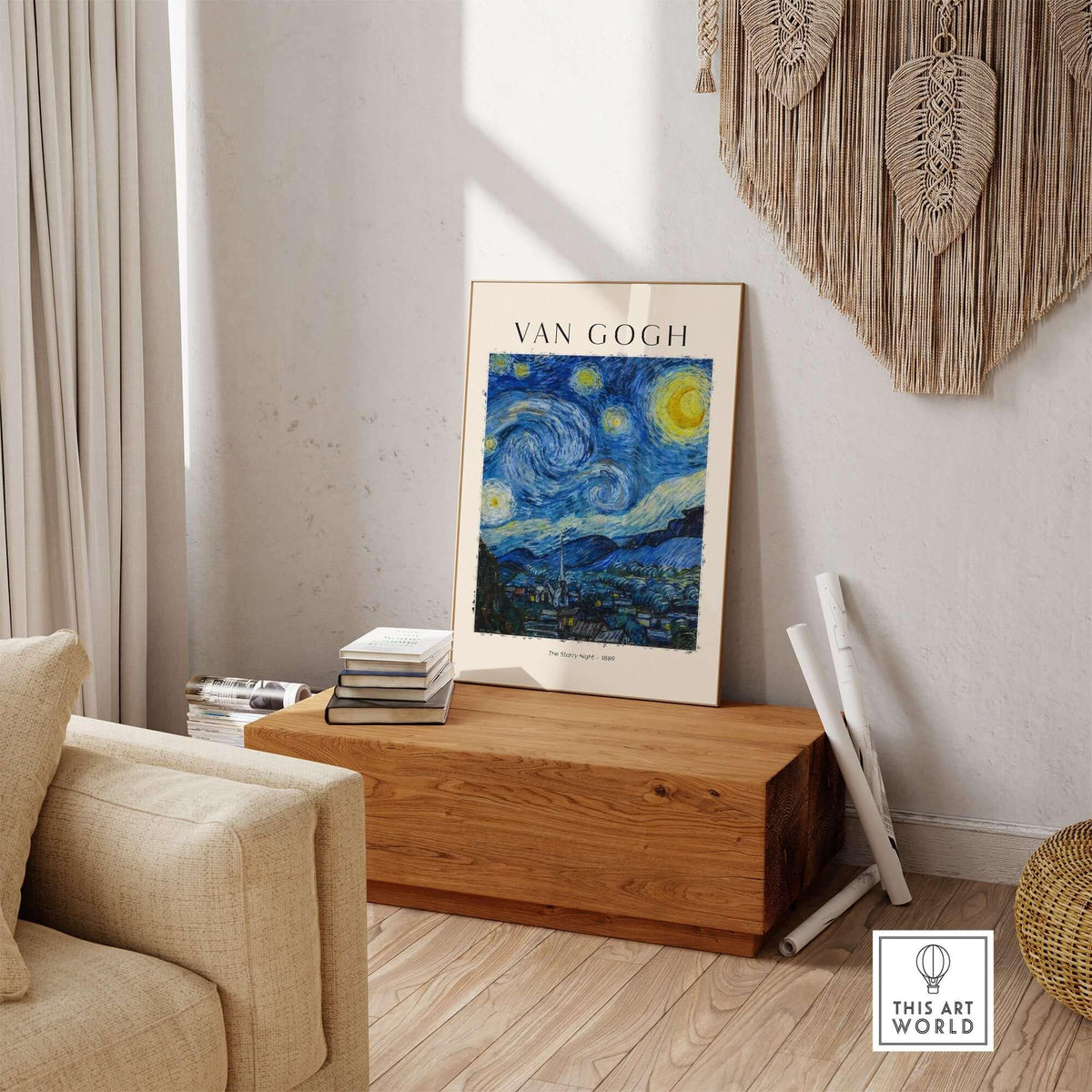 Starry Night Print:  Vincent van Gogh Poster displayed in a cozy living room setting on a wooden table.