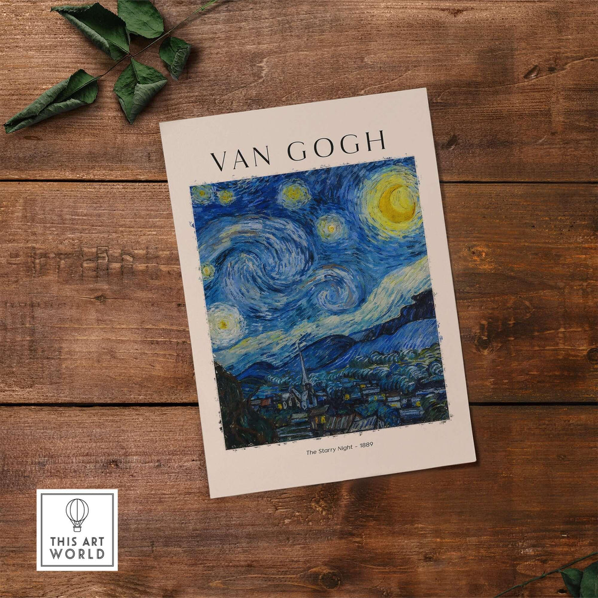 Starry Night Print:  Vincent van Gogh Poster displayed on wooden surface with greens.