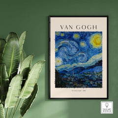 Starry Night Print:  Vincent van Gogh Poster framed on a wall with plants, showcasing the iconic swirling night sky.