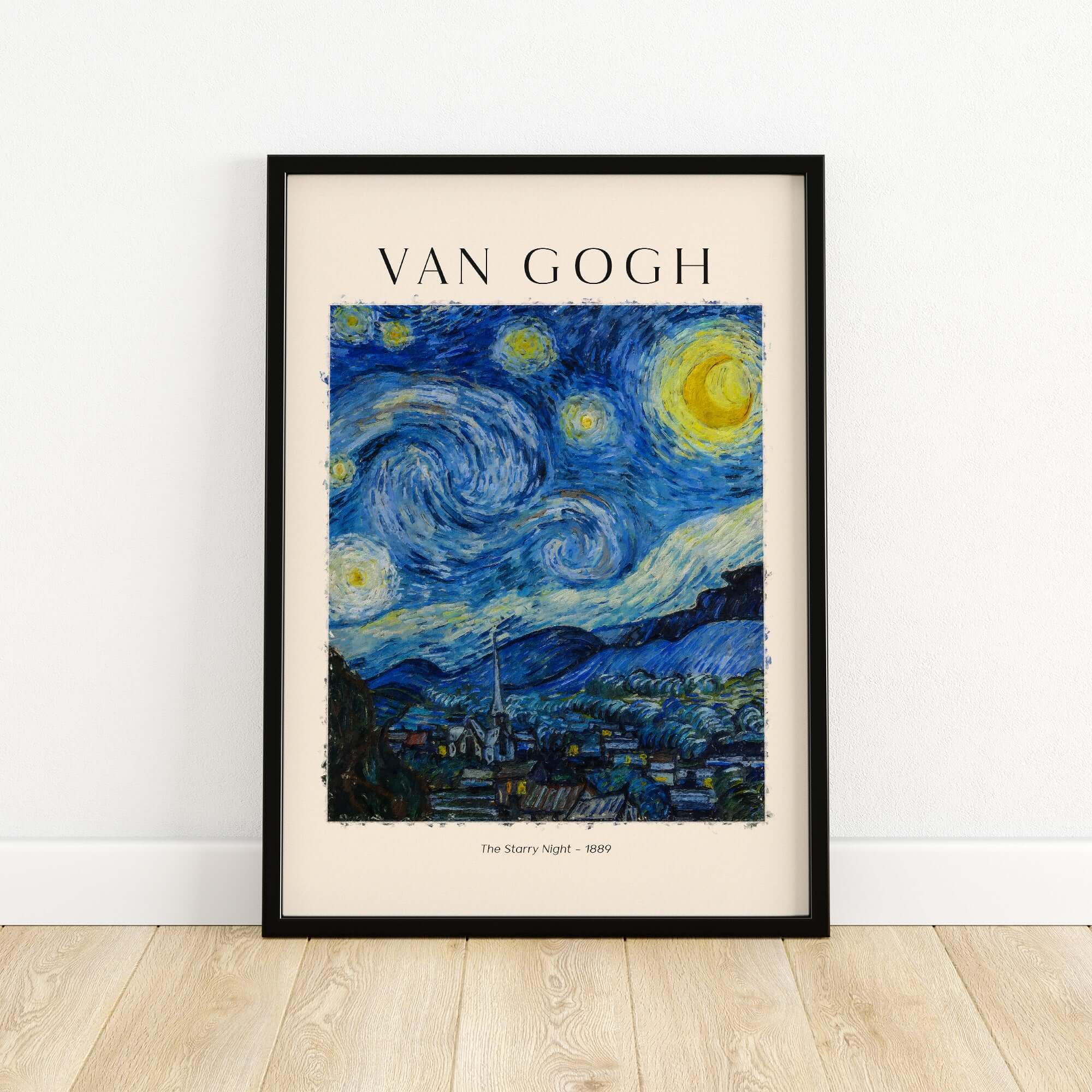Starry Night Print:  Vincent van Gogh Poster featuring vibrant colors and iconic swirling night sky design.