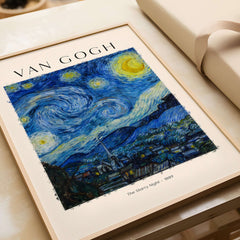 Starry Night Print:  Vincent van Gogh Poster showcasing Van Gogh's iconic painting, 'The Starry Night' (1889) in a framed art print.