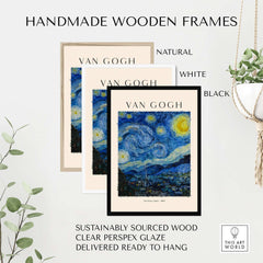 Starry Night Print:  Vincent van Gogh Poster in handmade wooden frames featuring natural, white, and black options.