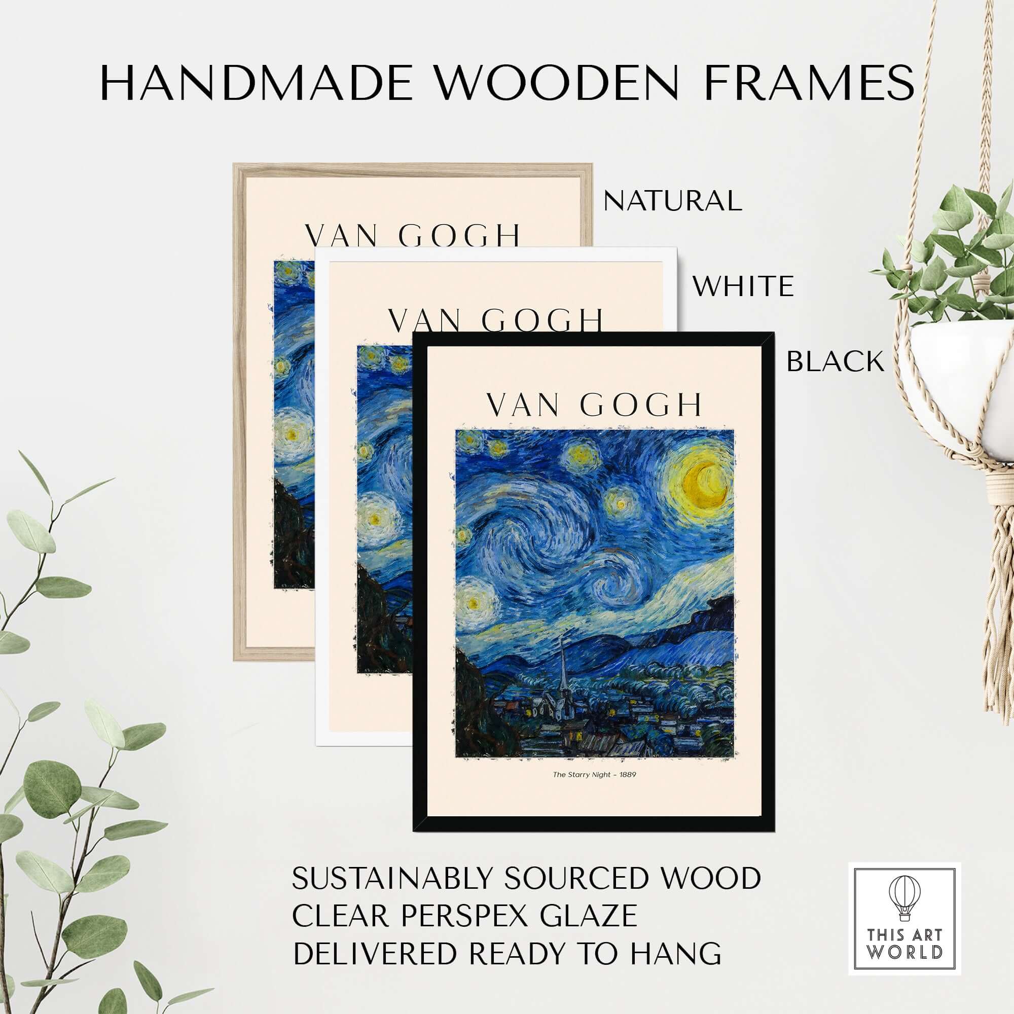Starry Night Print:  Vincent van Gogh Poster in handmade wooden frames featuring natural, white, and black options.