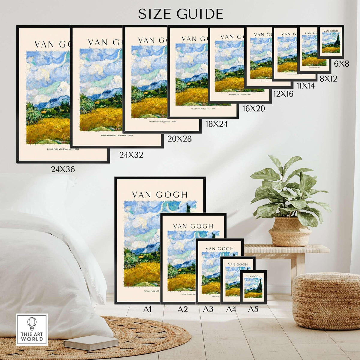 Size guide for Vincent van Gogh Wheat Field with Cypresses 1889 Landscape Art Print Post Impressionist Poster