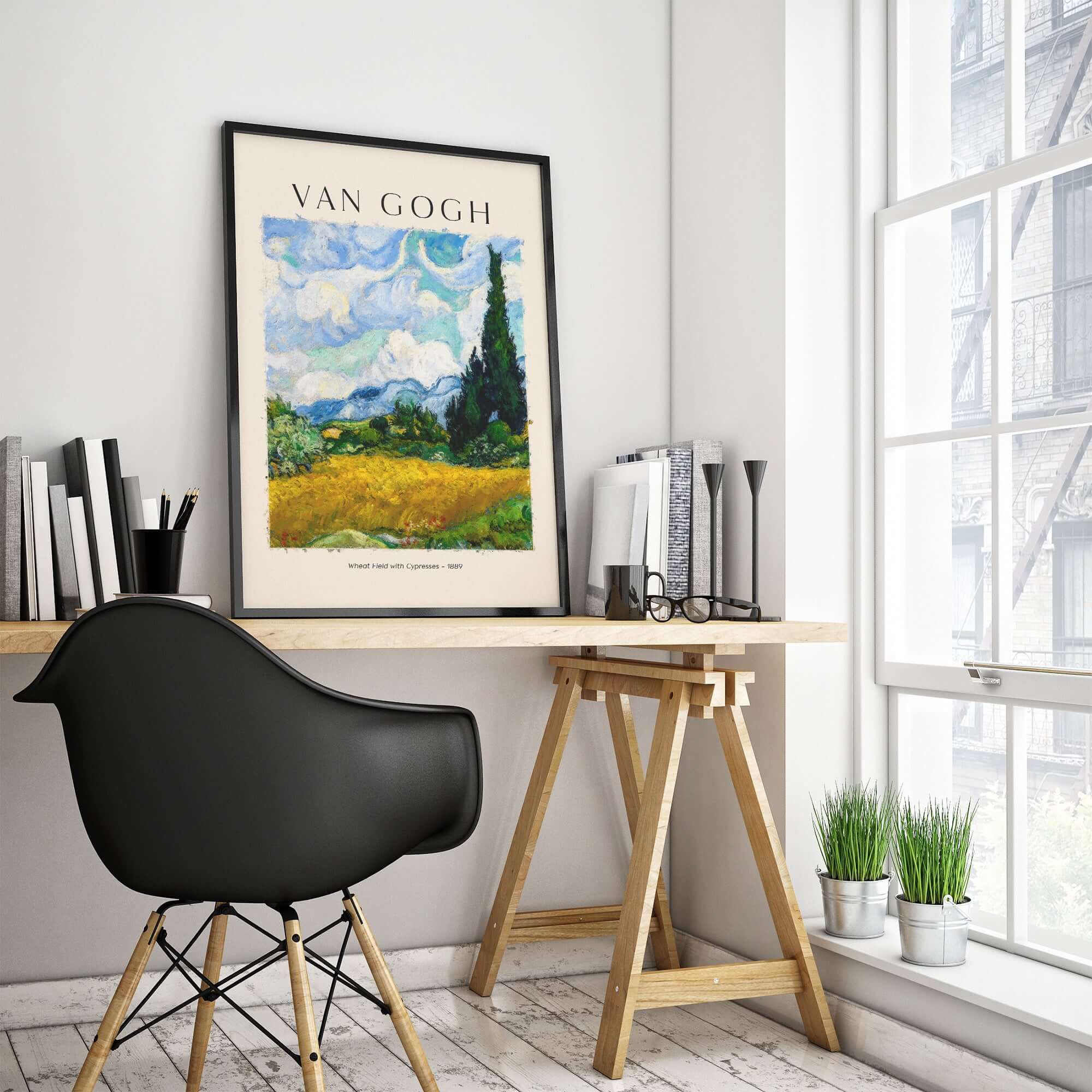 Vincent van Gogh Wheat Field with Cypresses 1889 Landscape Art Print Post Impressionist Poster in contemporary office decor setting.