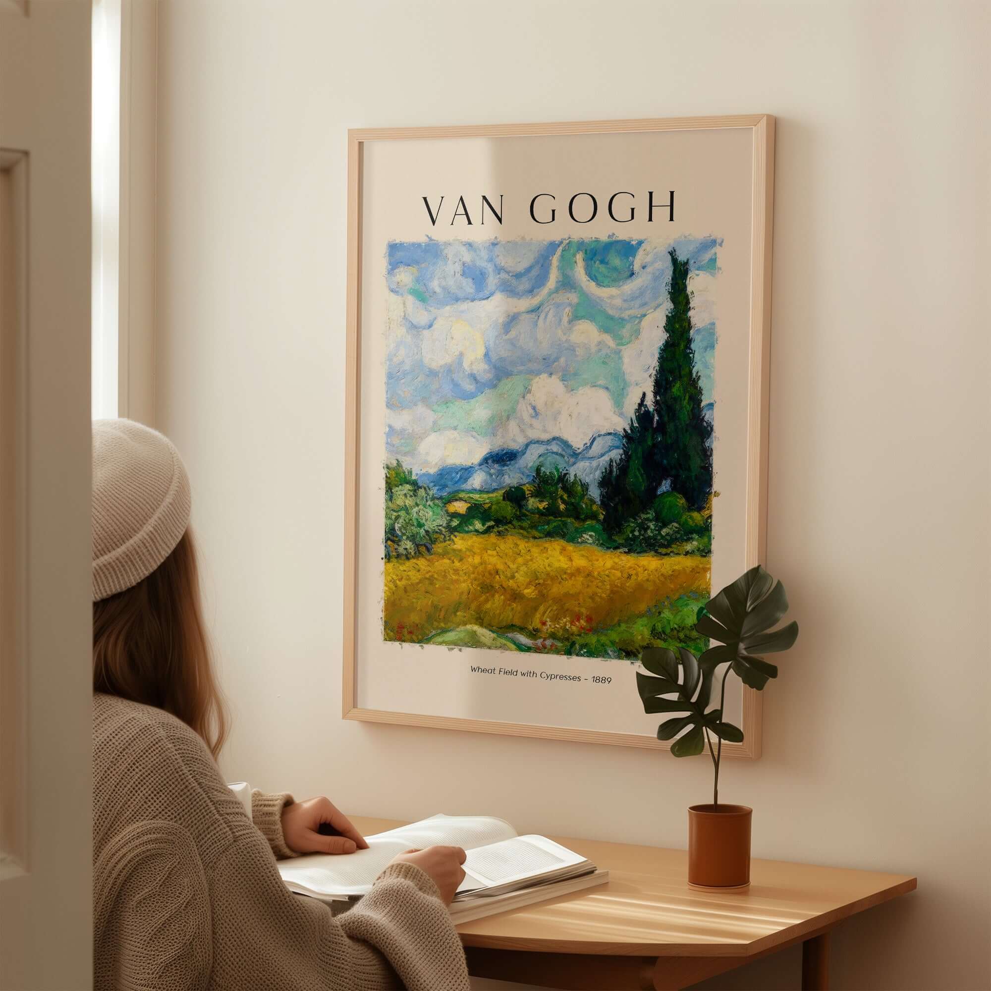 Vincent van Gogh Wheat Field with Cypresses 1889 Landscape Art Print Post Impressionist Poster displayed in a modern interior.