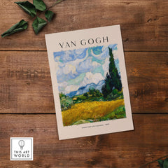 Vincent van Gogh Wheat Field with Cypresses 1889 Landscape Art Print Post Impressionist Poster on wooden table